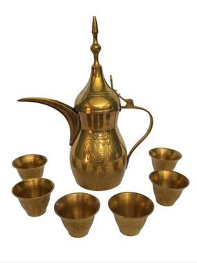 Vintage Brass Bahraini Brass Dallah Set with (6) Cups - MCM Arabic Coffee Pot